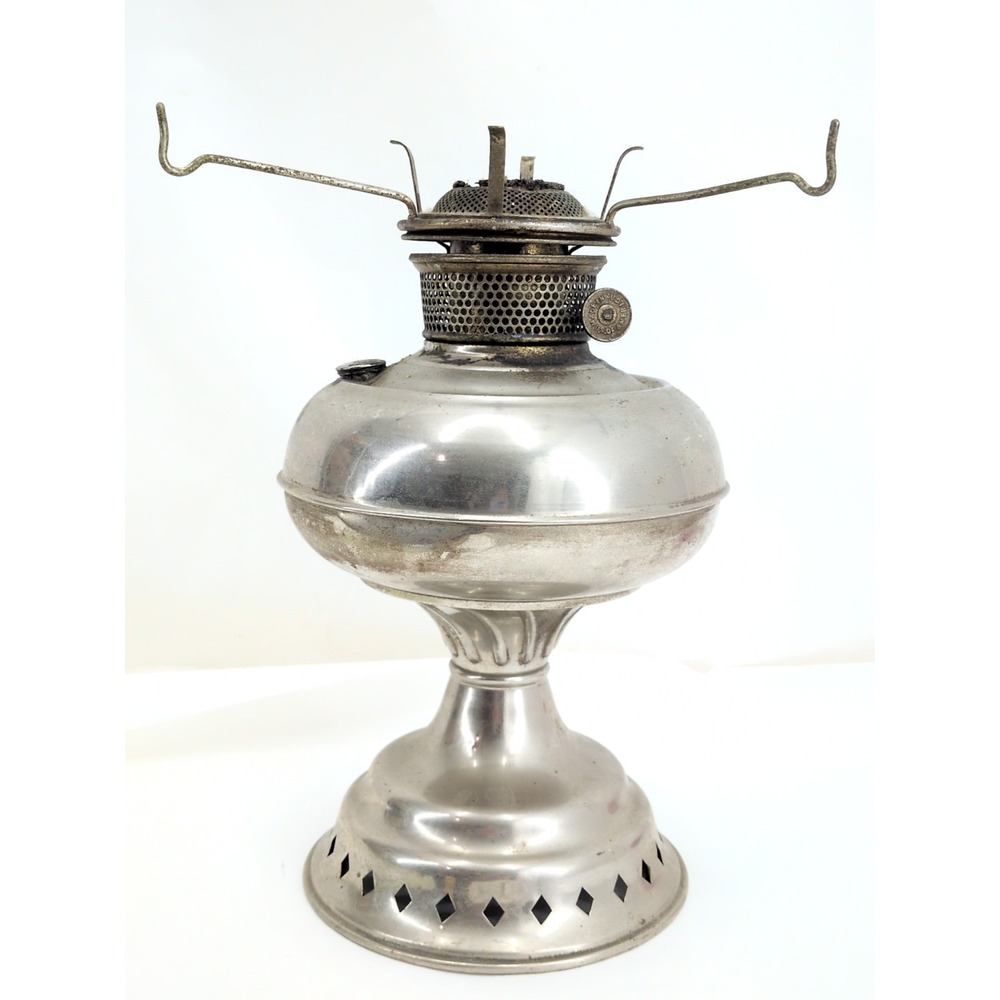 Antique Nickel Center-Draft Oil Lamp Base  Original Patina